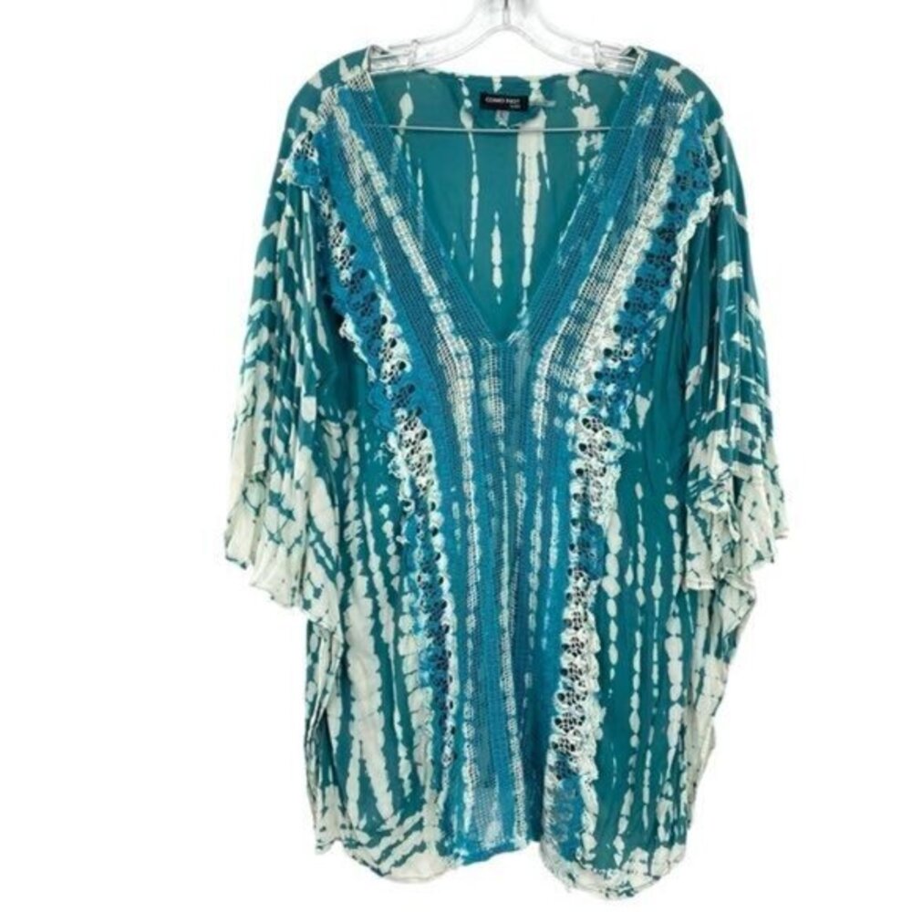 Turquoise Tie Dye Kaftan Crochet Lace Swimsuit Coverup Women’s Boho Top